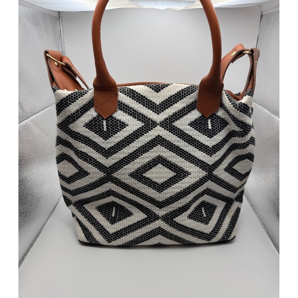 Tribe Alive Woven Canvas Tote Bag Geometric Leather Shoulder Purse Boho Capsule